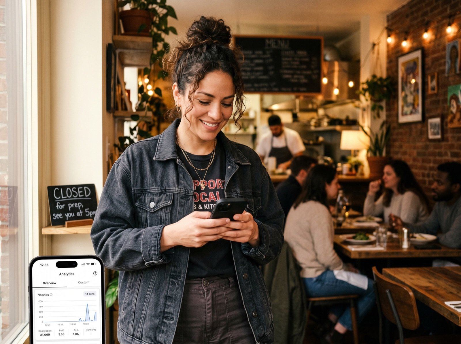 Restaurant owner reviewing repeat order analytics on phone