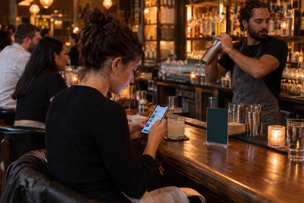 A guest at a crowded bar orders the next round on her phone while the bartender works