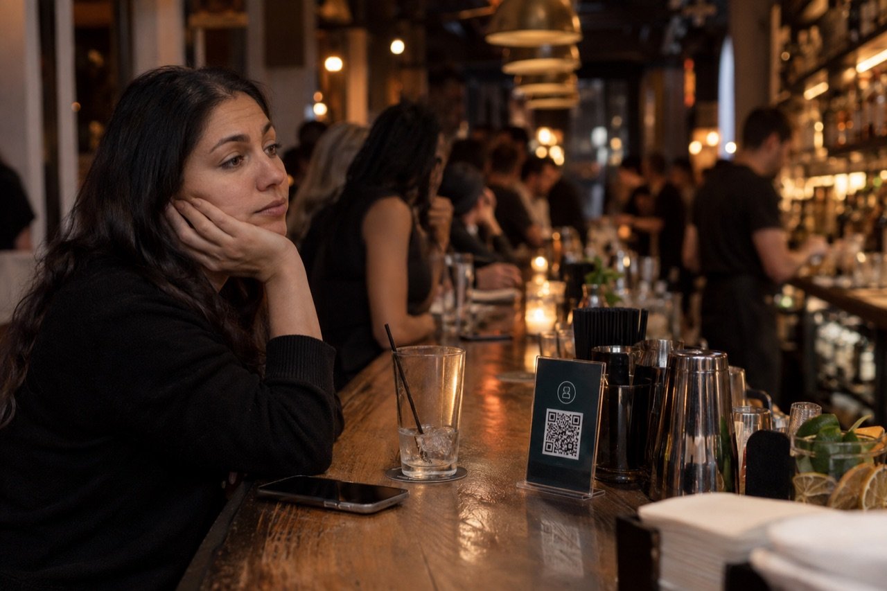 A guest with an empty glass waits for a bartender who is busy at the other end of the bar