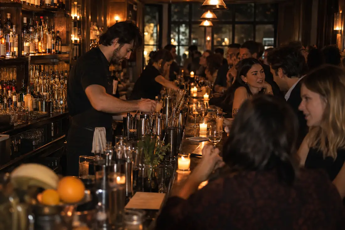 Bartender working through a busy evening service