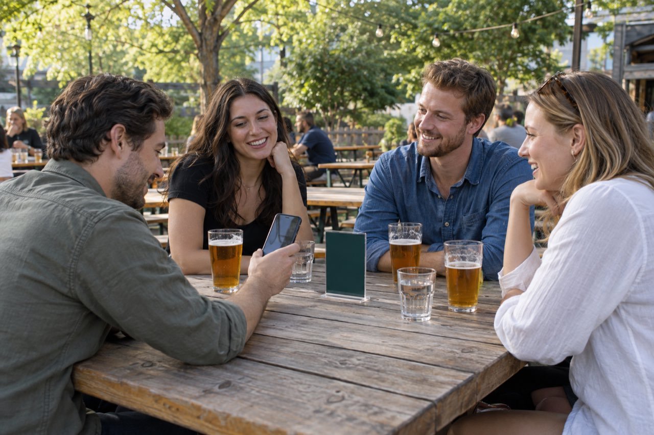 A group at a beer garden table orders a round by scanning the table display