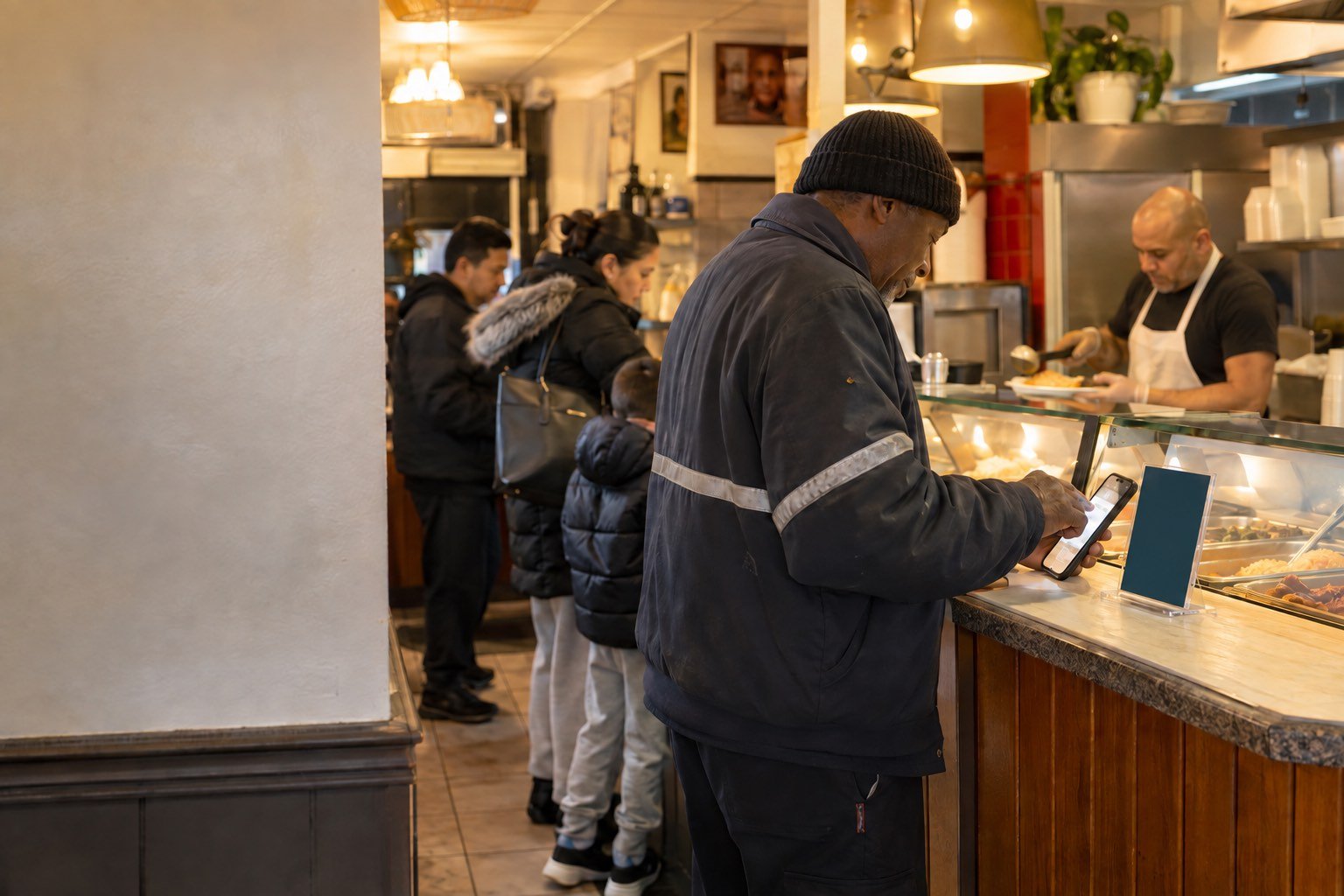 A regular at a Bronx neighborhood counter restaurant taps the printed display while staff serve the line