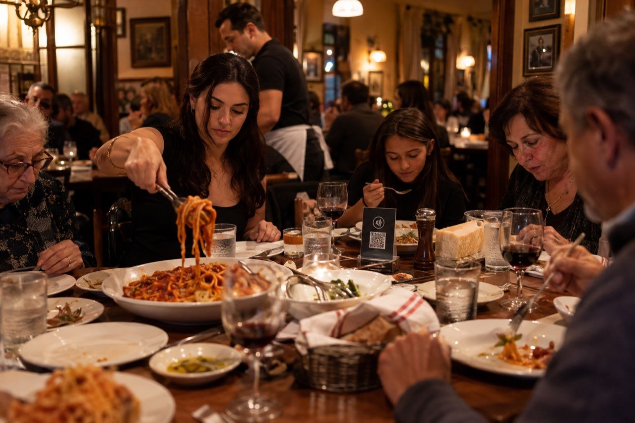 A family shares dinner at a Bronx neighborhood restaurant with a printed display on the table