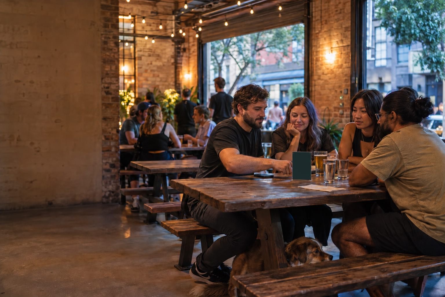Friends at a Brooklyn taproom order by tapping the printed display on their table