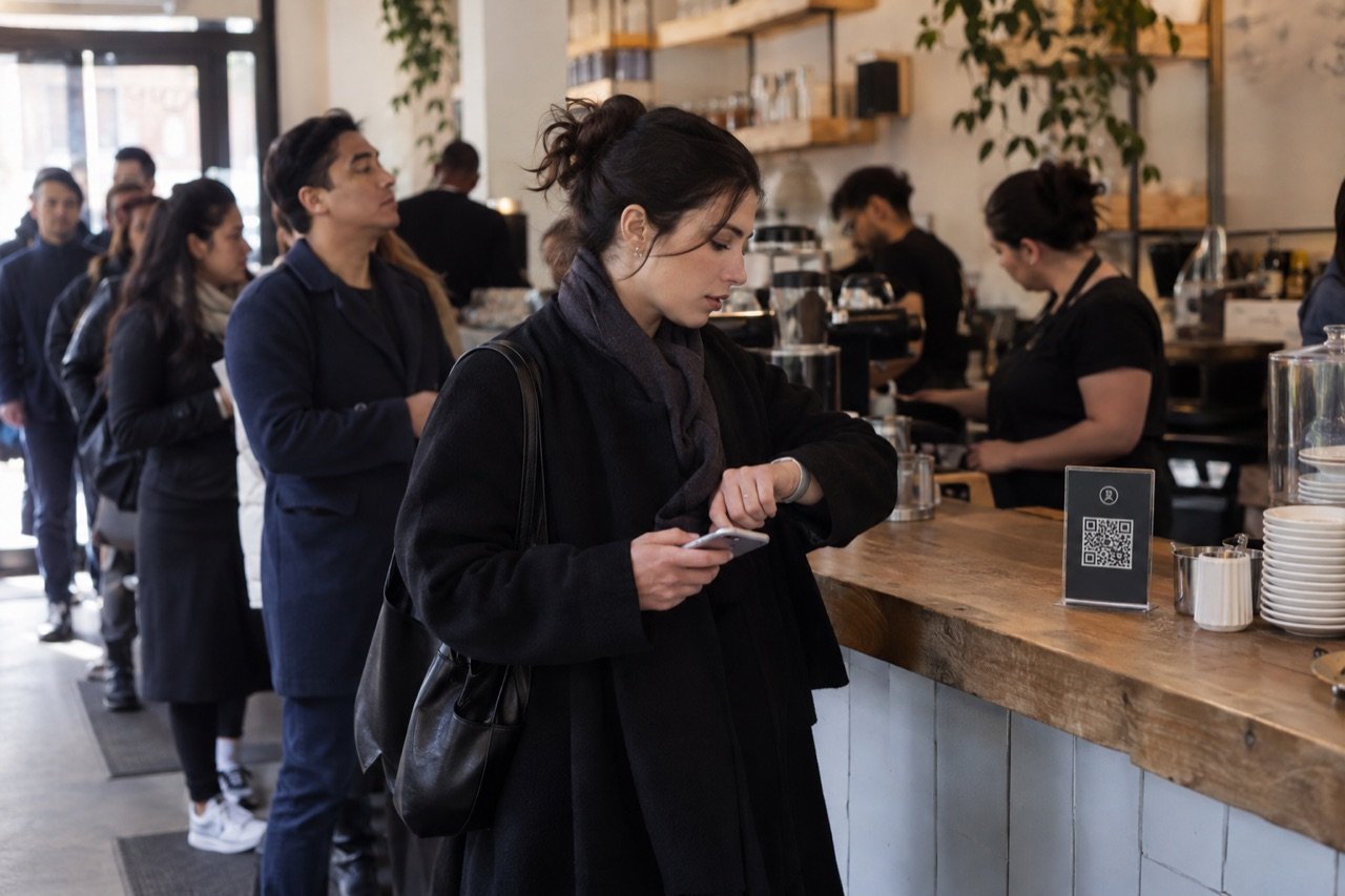 A customer checks the time and walks out of a long morning café line