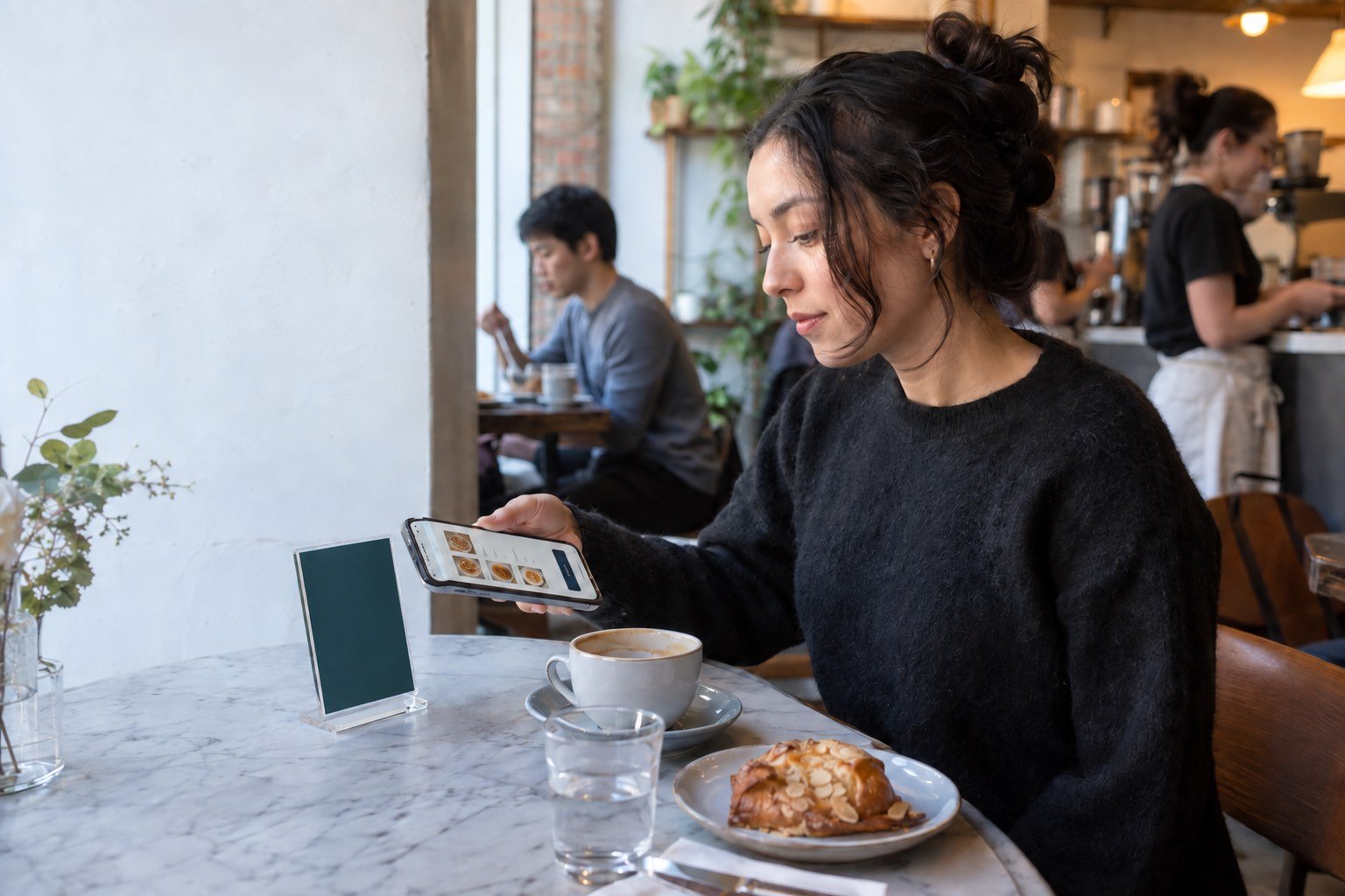 A café guest taps her phone on a printed NFC table display and the menu opens in her browser
