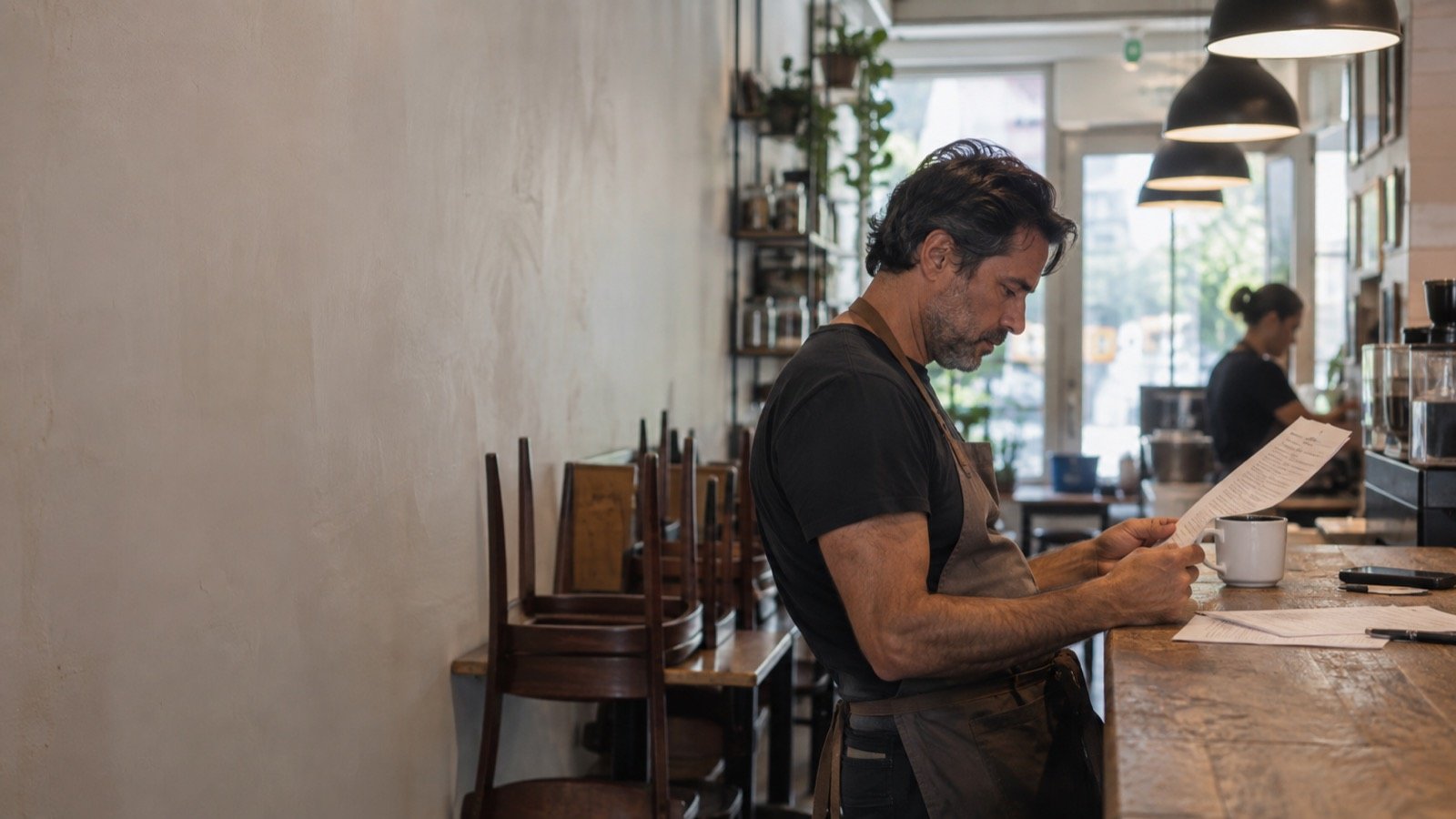 A café owner reads an industry report at a counter before opening