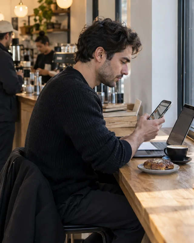 A café regular orders from his phone at the window counter