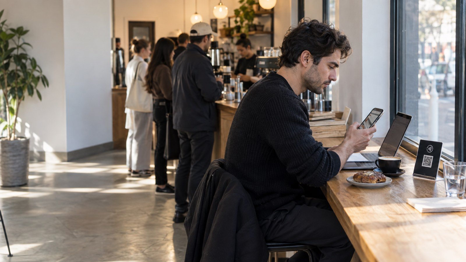 A regular at a café window seat taps the table display to order while the morning line waits at the counter