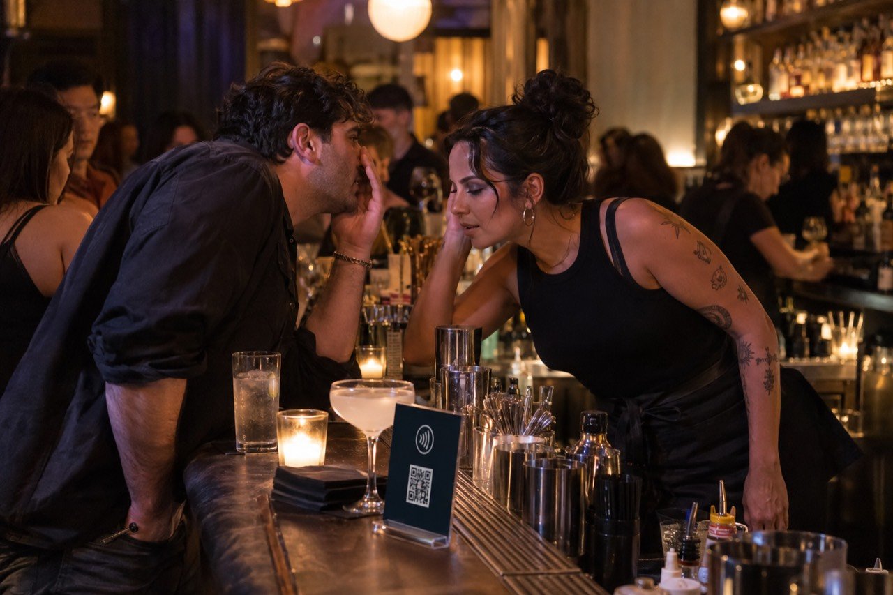A guest leans over a club bar shouting an order over the music