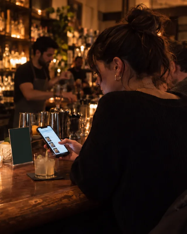 A guest at a busy NYC cocktail bar orders the next round from her phone