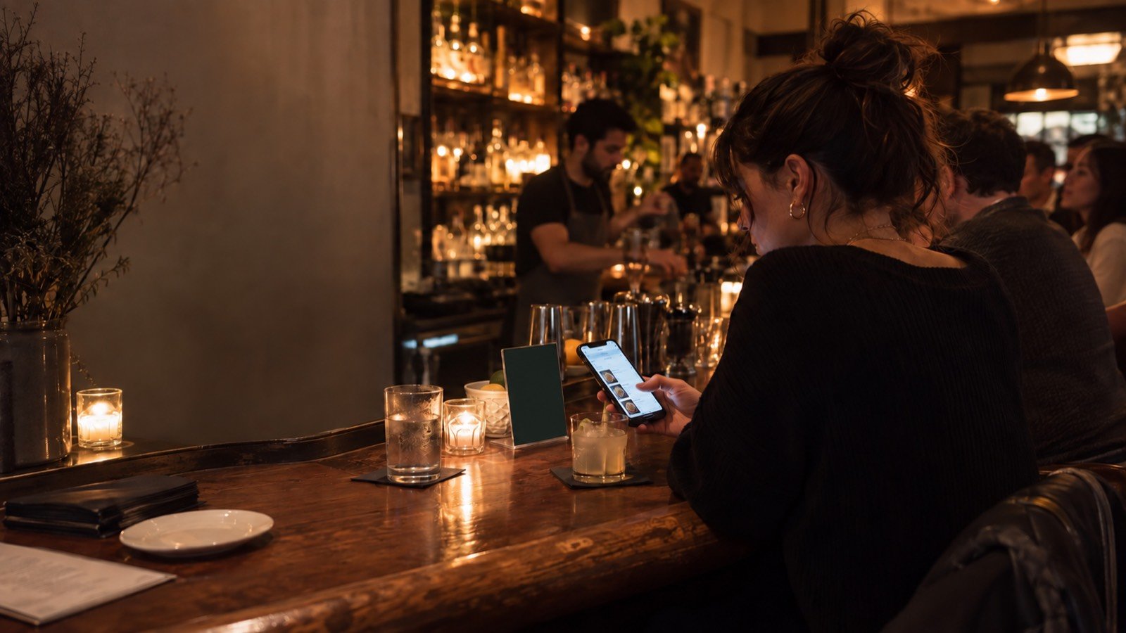 A guest at a busy cocktail bar taps her phone on the printed display on the bar rail to order the next round