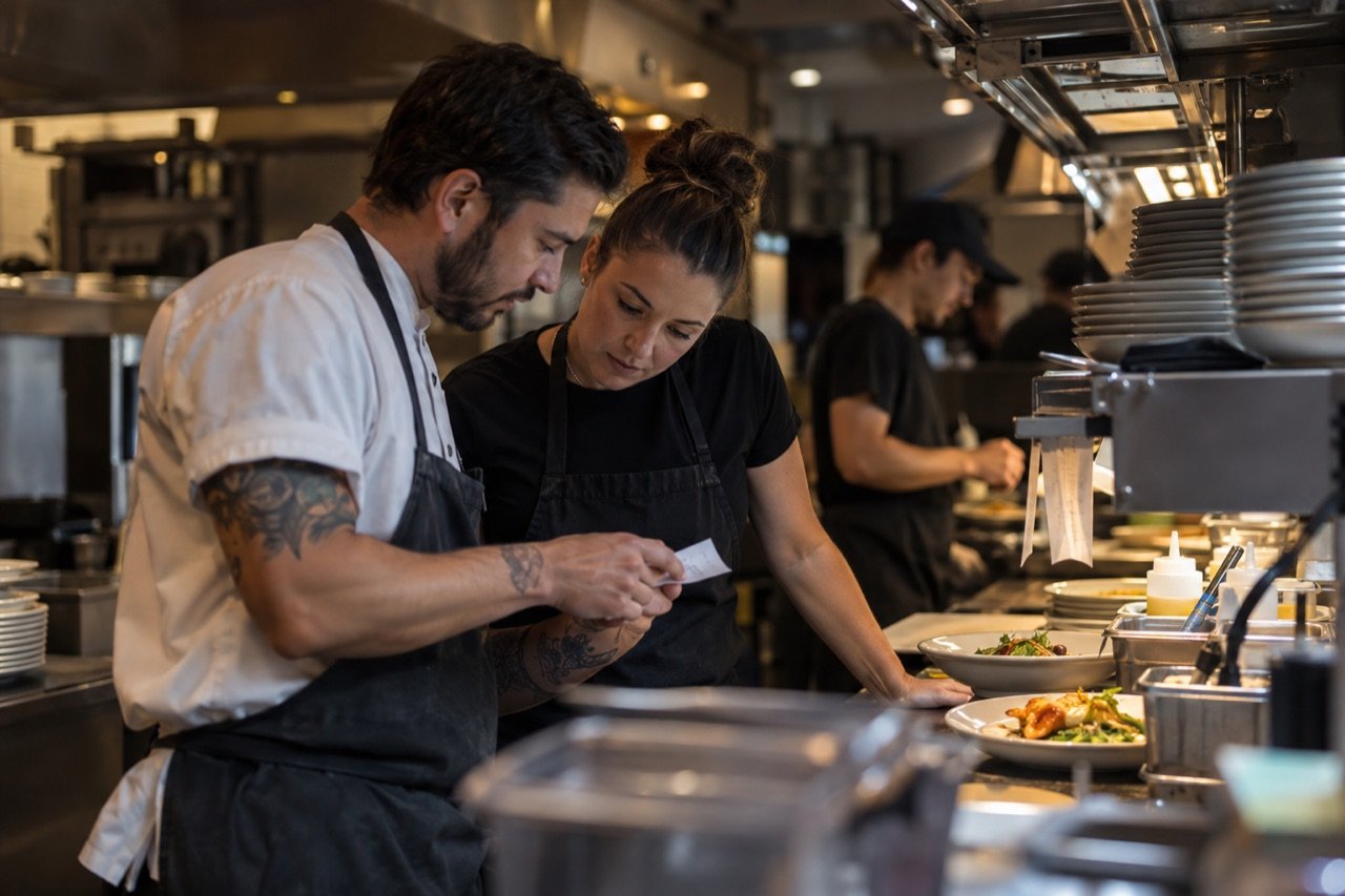 A cook and a server double-check an allergy order at the pass
