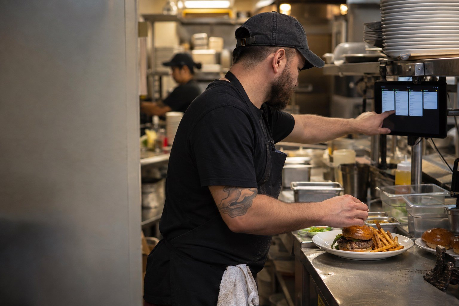 A cook reads the modifiers on an order ticket before plating