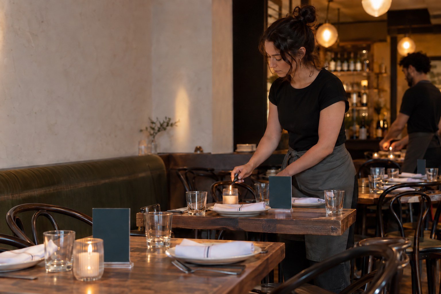 An empty dining room before service with a printed display on every table