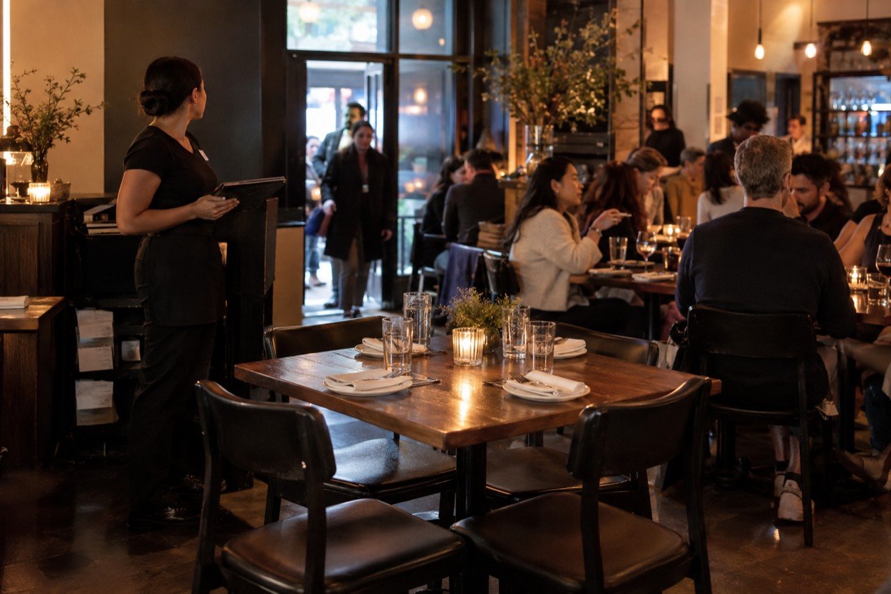 An empty set table in a full restaurant during the dinner rush