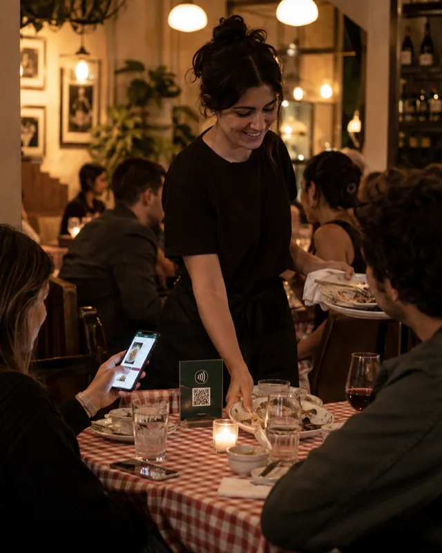 A restaurant guest orders from her phone at the table while the server clears plates