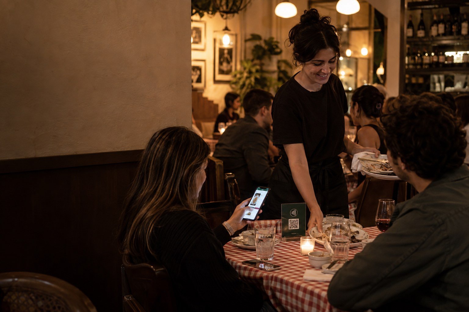 Friends at a restaurant table add dessert by tapping the printed table display while the server clears plates