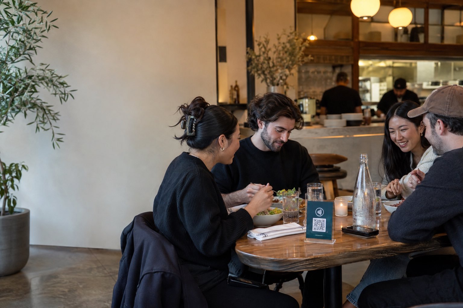 Guests at a fast-casual restaurant order from their seats by tapping the table display