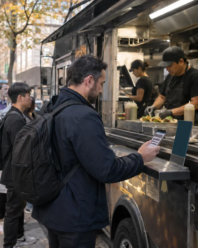 A lunch customer orders from his phone at a food truck window