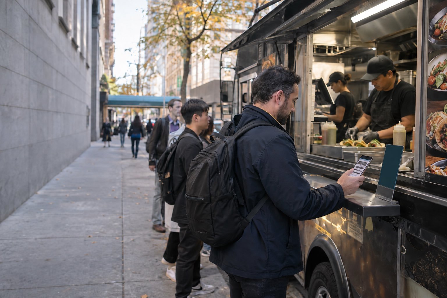 A lunch customer taps the printed display beside a food truck window while the cook works inside