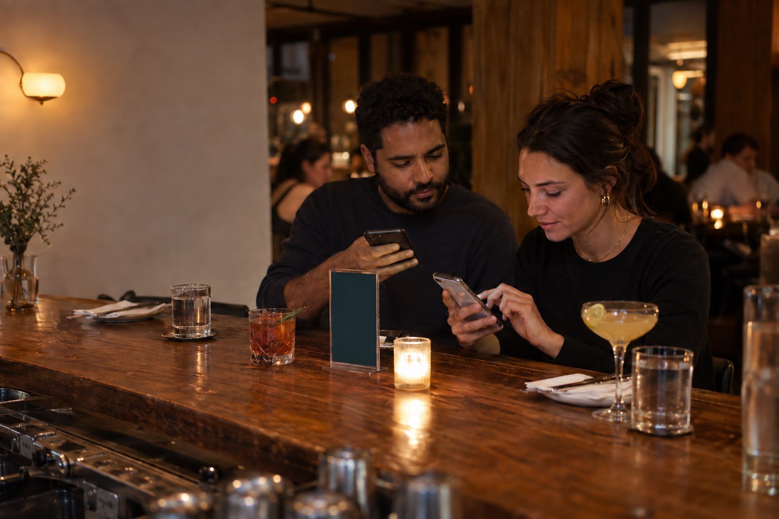 Two friends at a bar table: one taps the display with her phone, the other scans its QR code