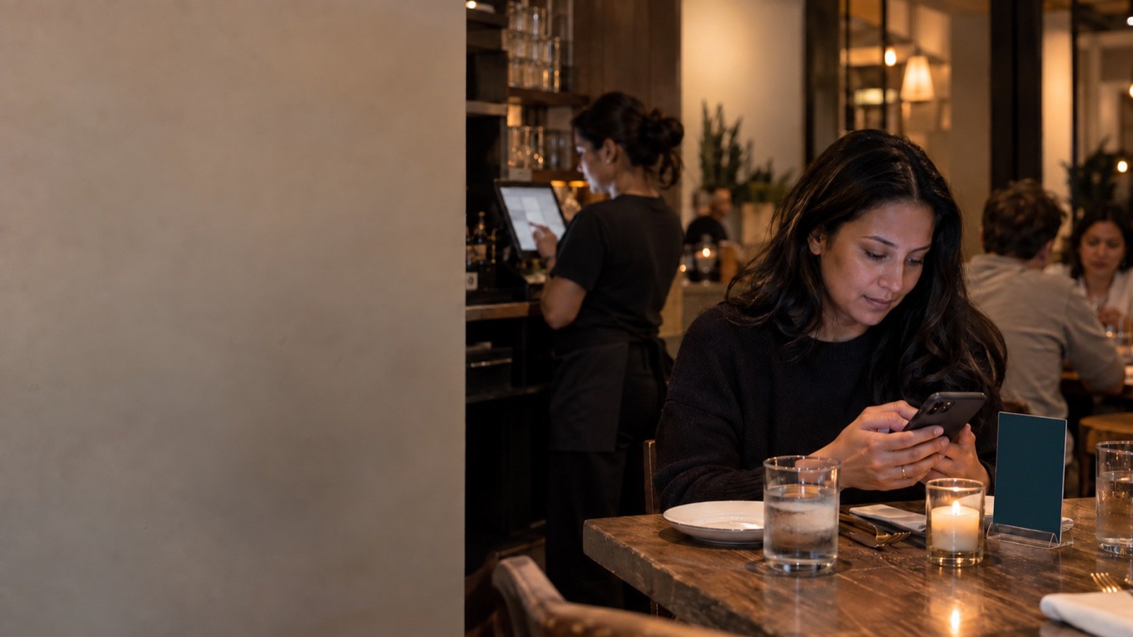 A server enters an order at a POS station while guests nearby order by tapping the table display