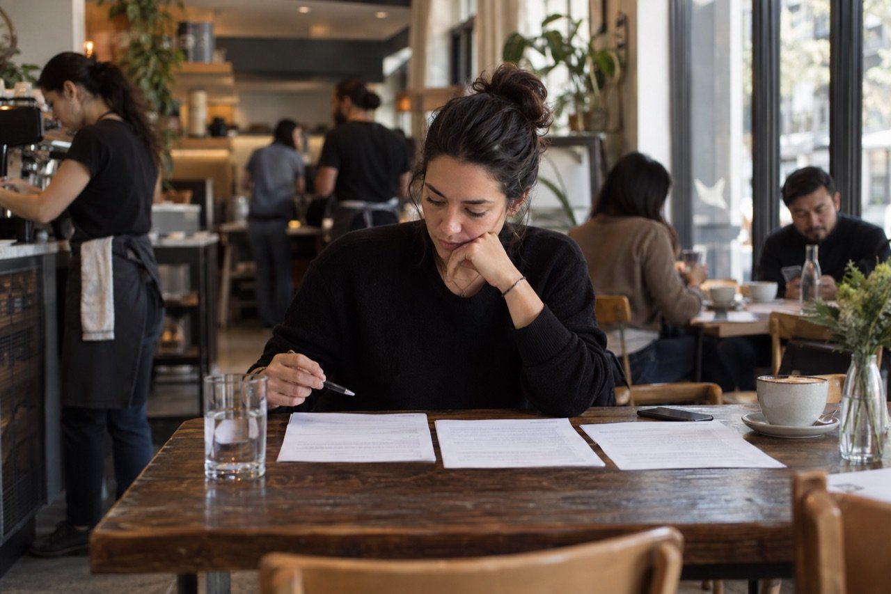 A general manager reviews printed quotes for ordering systems with a coffee