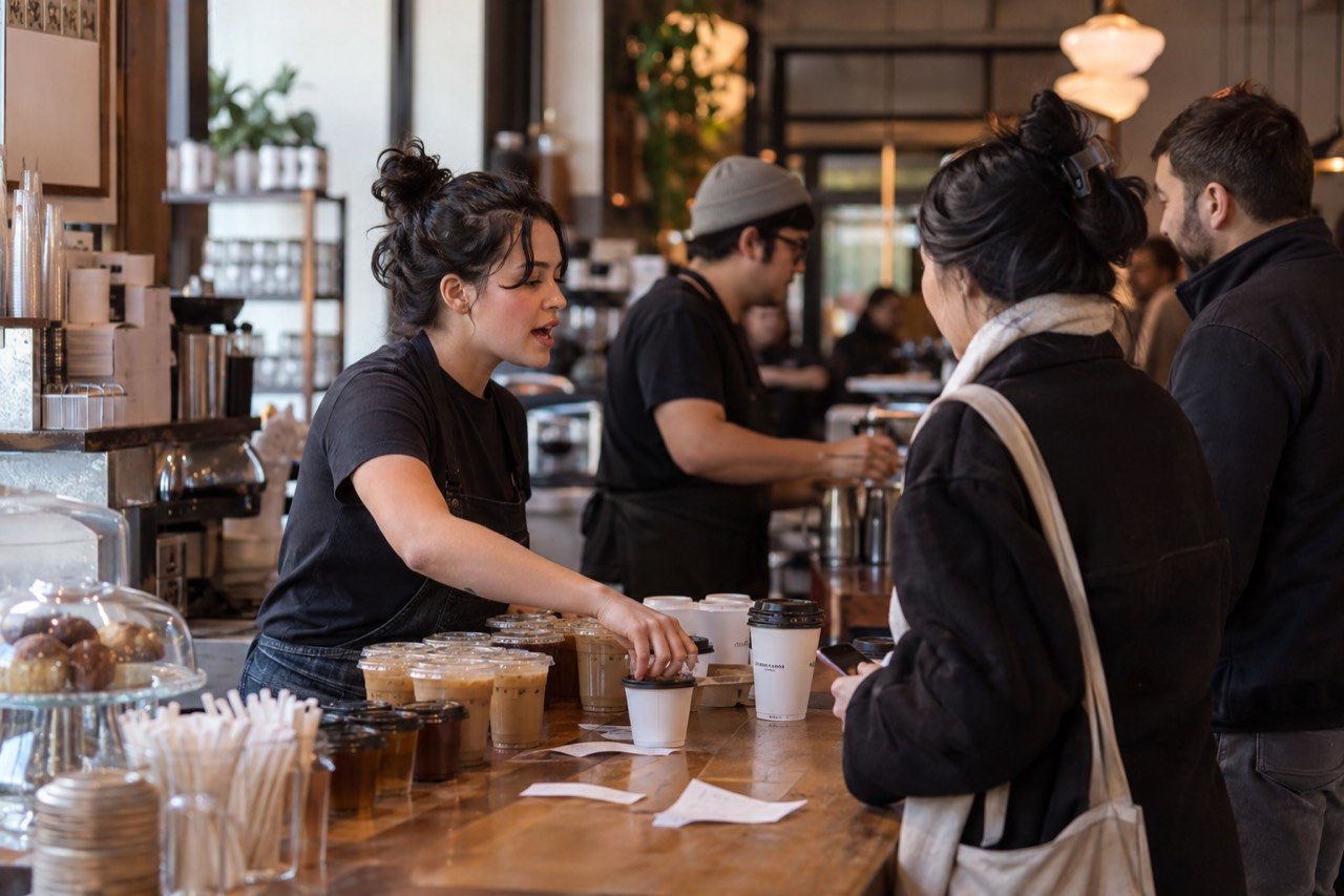 Drinks waiting on the pickup counter of an independent café during the morning rush