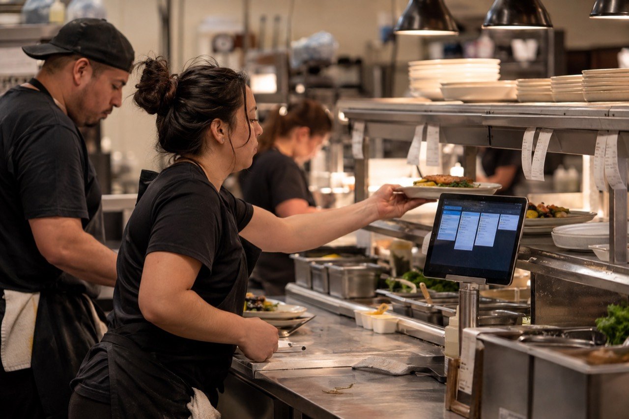 A tablet at a restaurant kitchen pass showing the kitchen display during service