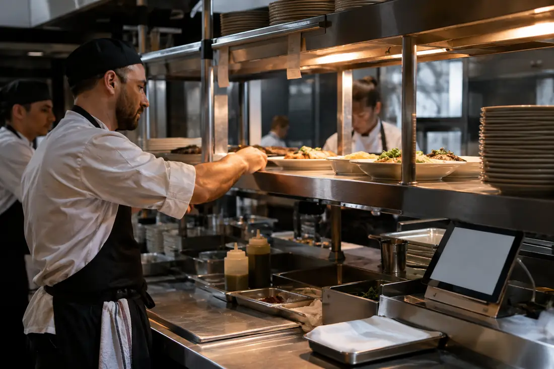 Chef coordinating plates at an active restaurant pass