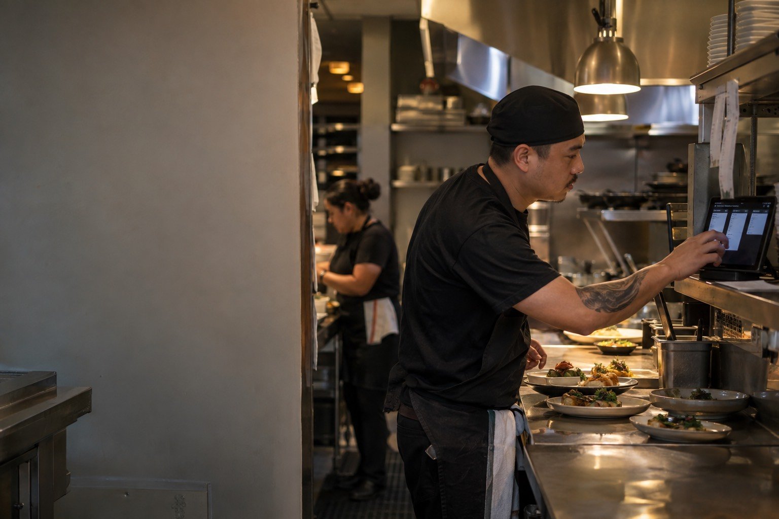 A line cook checks incoming orders on a tablet at the pass