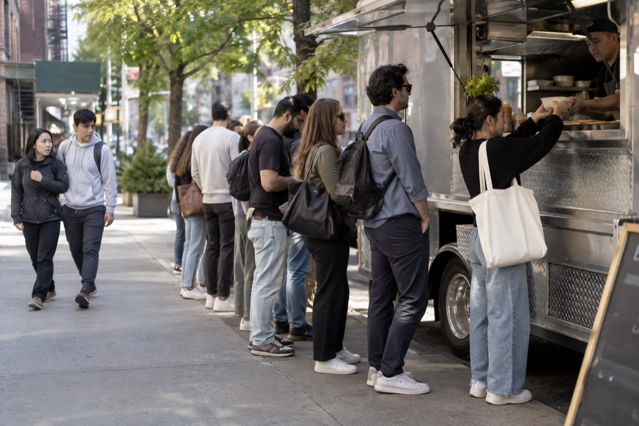 A long lunch line stretching down the sidewalk from a food truck window