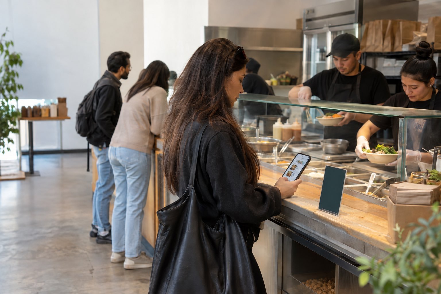 A lunch customer taps the printed display at a busy steam-table counter while staff build bowls