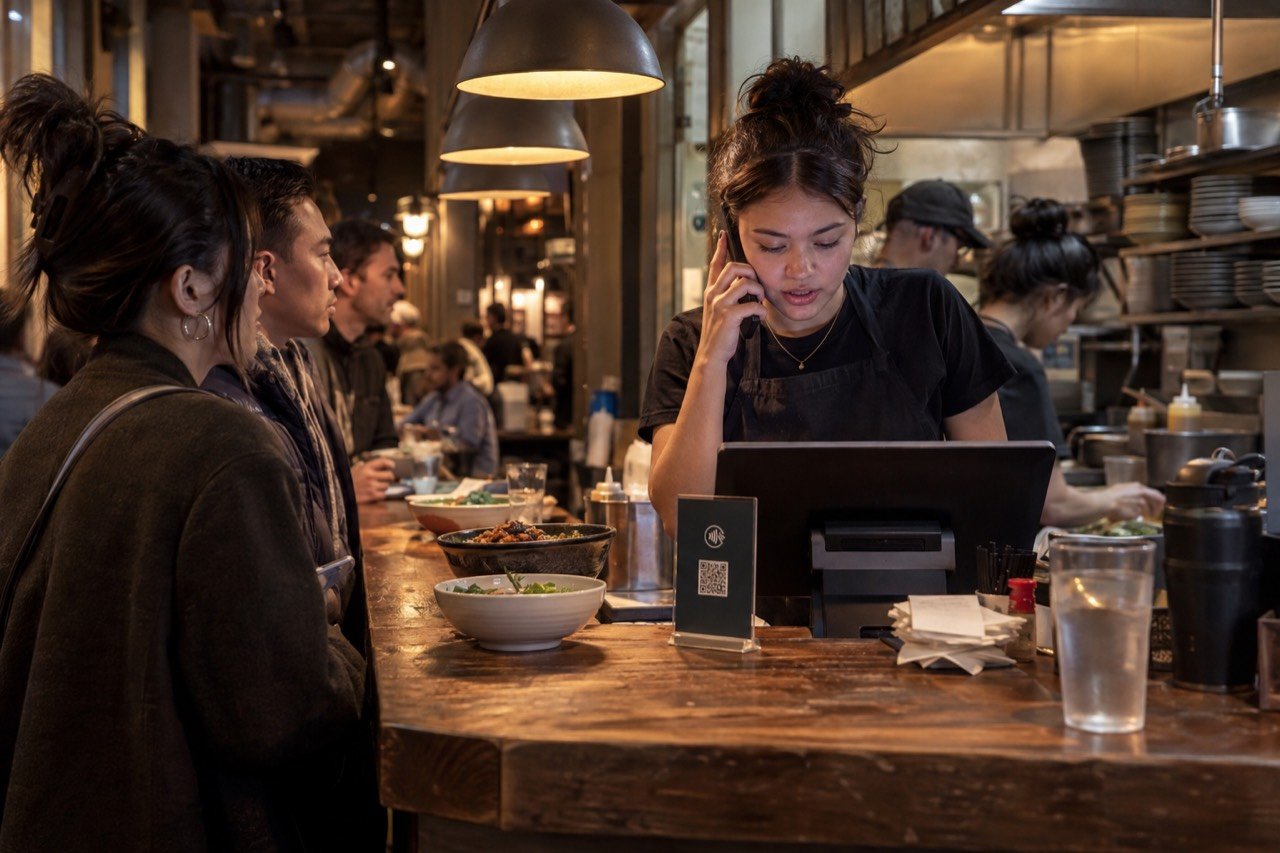 A lunch line backed up at a single register while food waits on the counter