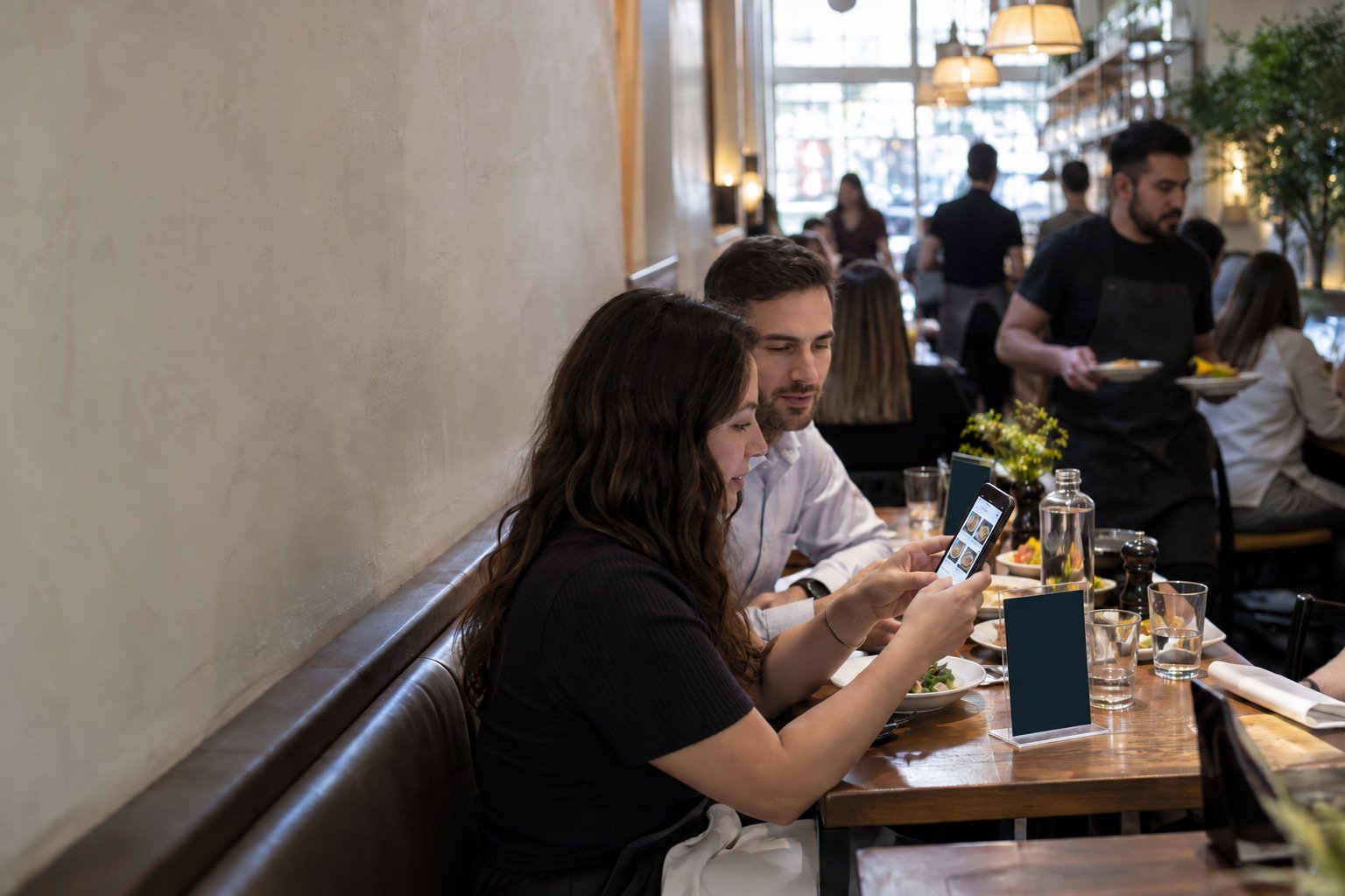 Office workers at a narrow Manhattan lunch spot order by tapping the table display during the lunch rush