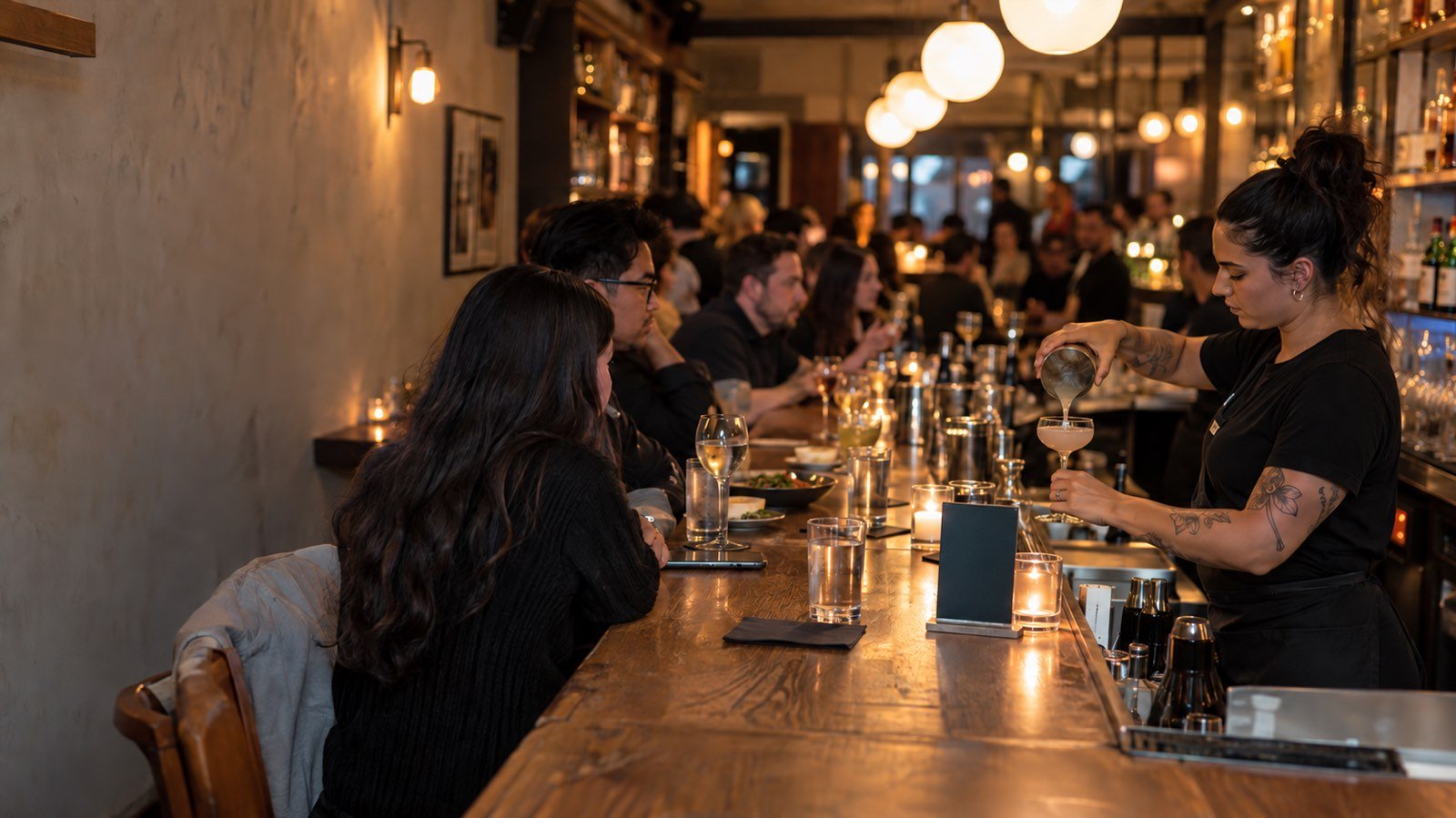 A bartender works a full New York bar during the evening rush