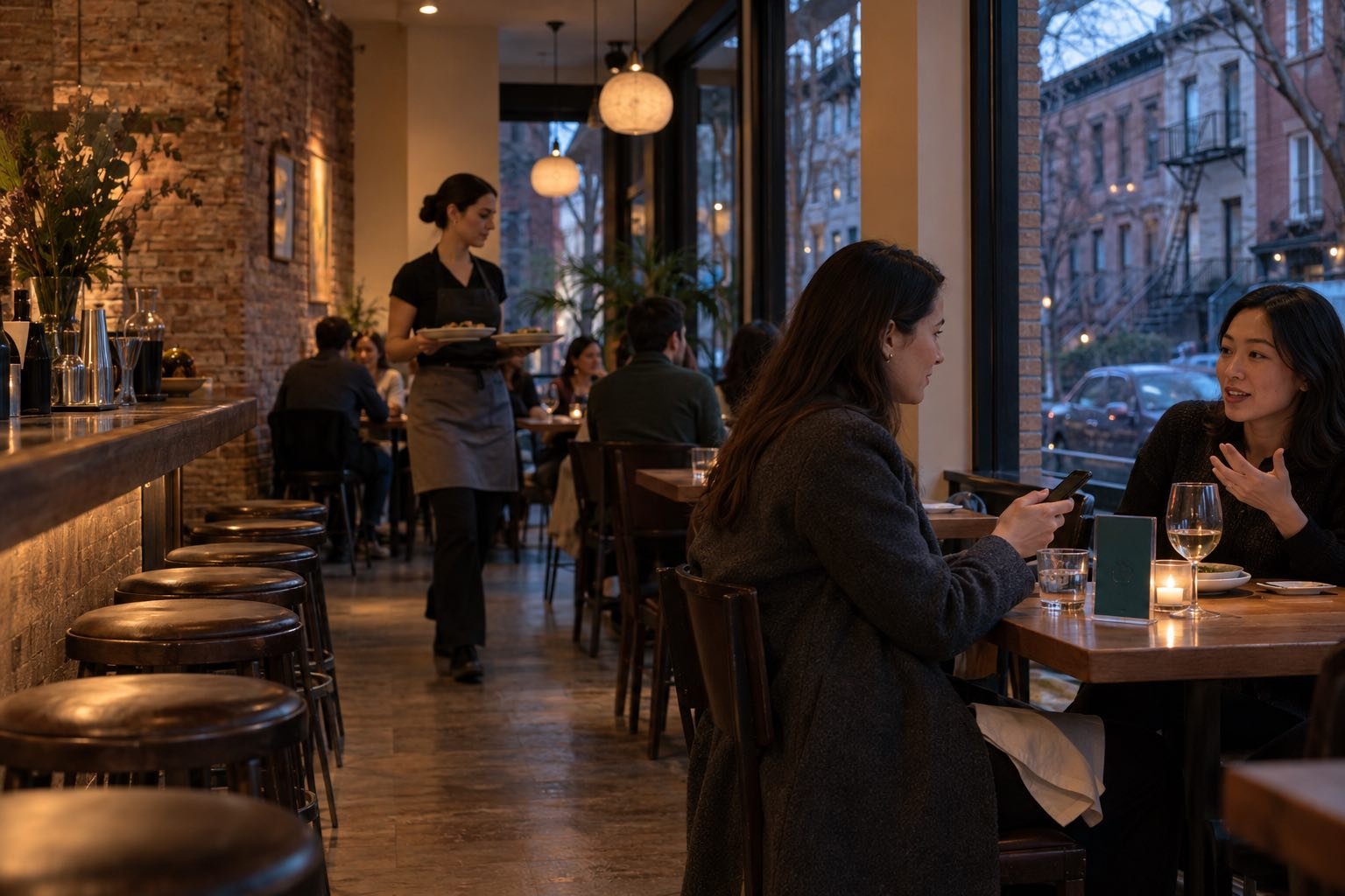 Guests at an independent NYC restaurant table, one ordering from her phone