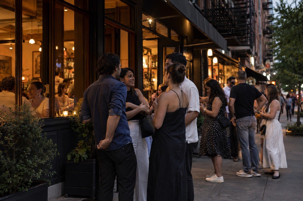 A New York street of restaurants at dusk with full dining rooms behind the windows