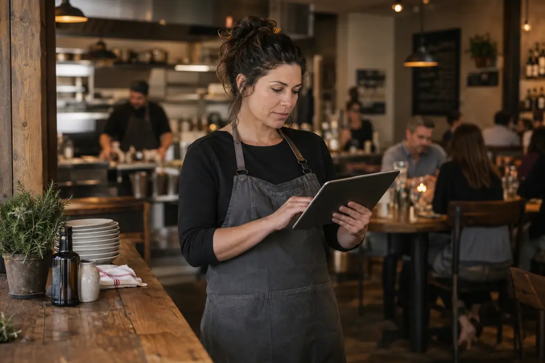 Restaurant operator reviewing a tablet during service