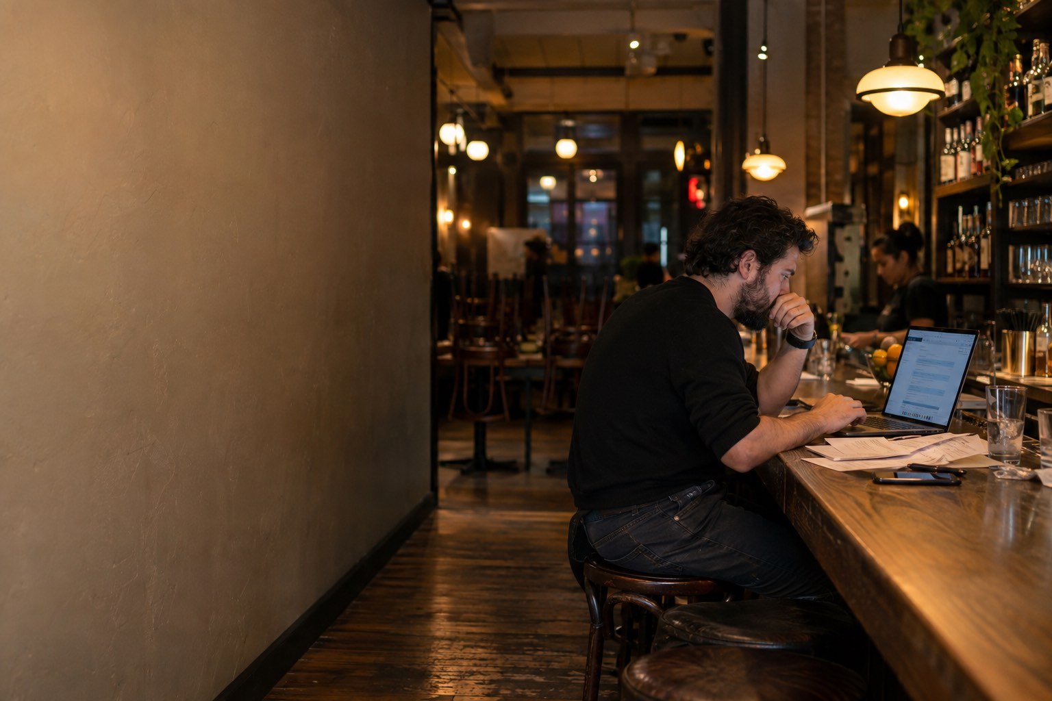 A restaurant owner compares ordering options on a laptop at the bar after close