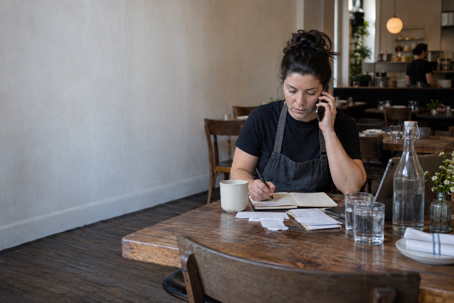 A restaurant owner on a phone call with notes at a table before opening