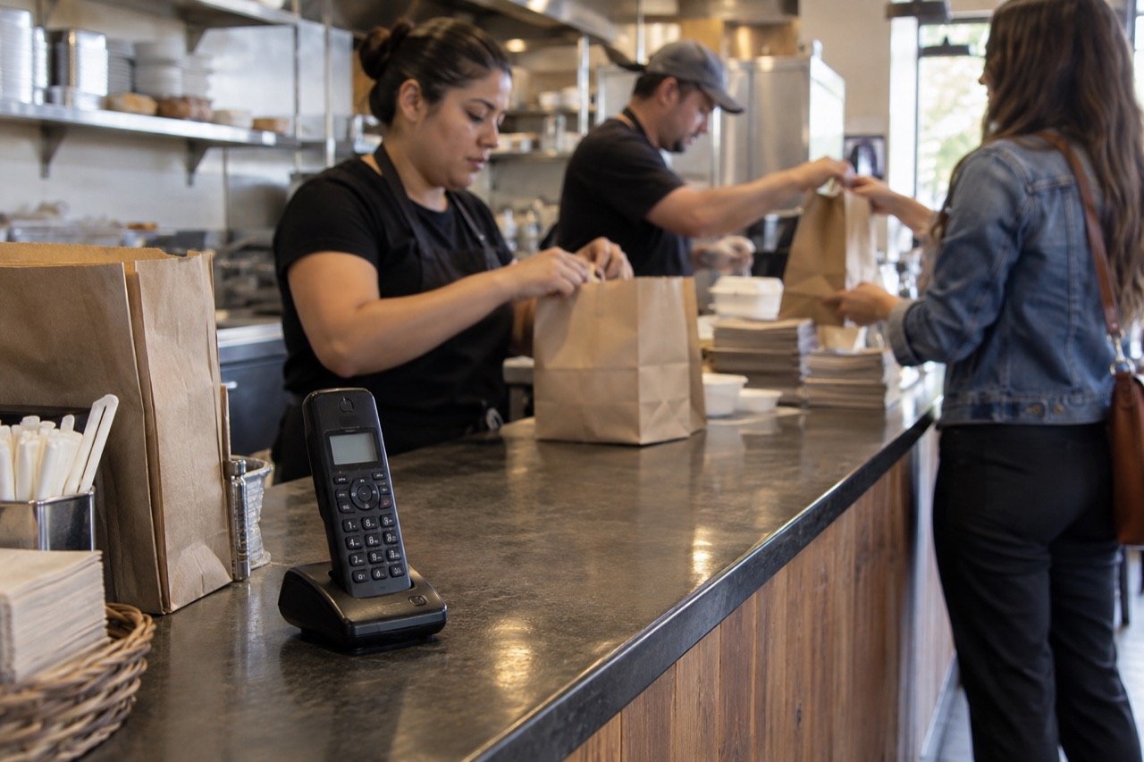 A phone ringing unanswered on a busy takeout counter while staff pack orders
