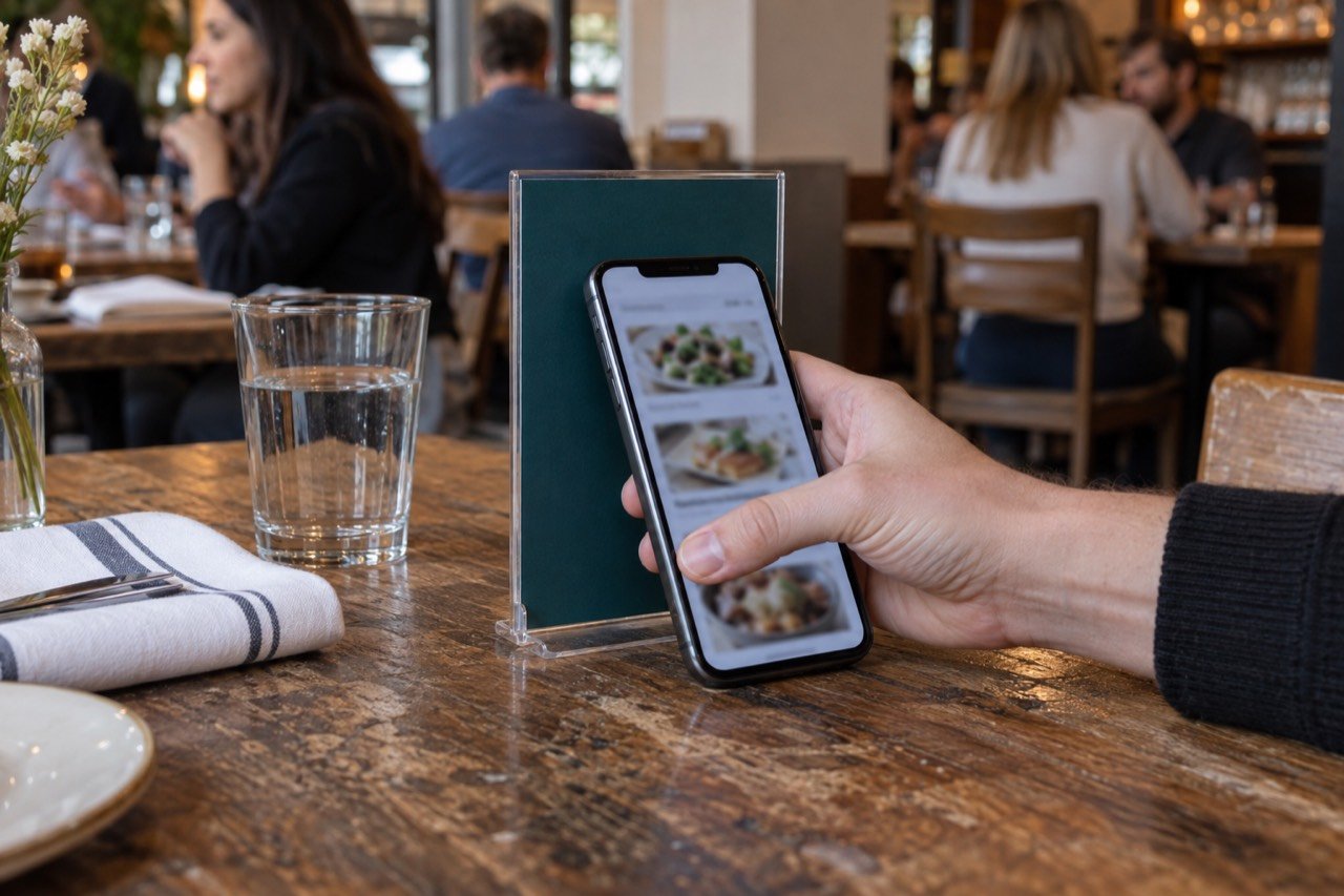 A phone touching the printed NFC and QR table display on a wooden restaurant table
