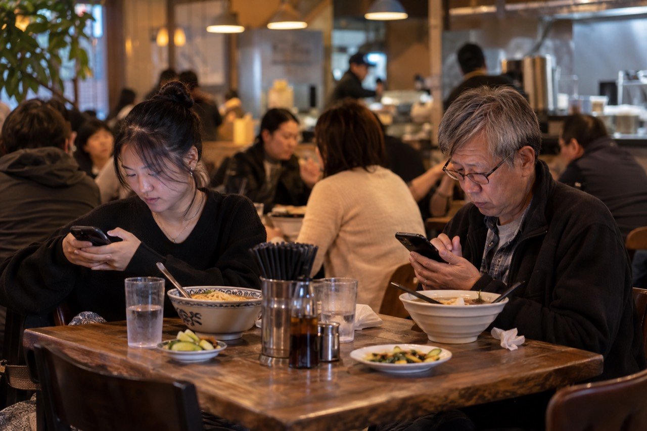 Two guests at a Queens restaurant each read the menu on their own phone