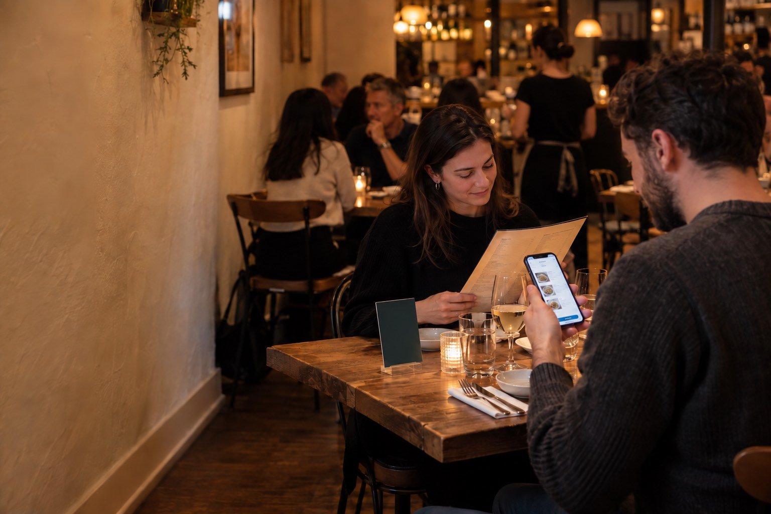 A restaurant guest scans the QR code on the printed table display with his phone camera