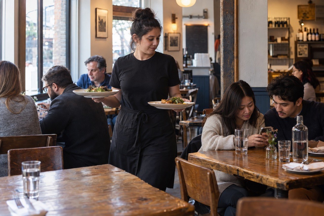 A server carries plates across a full dining room while guests at another table order on a phone