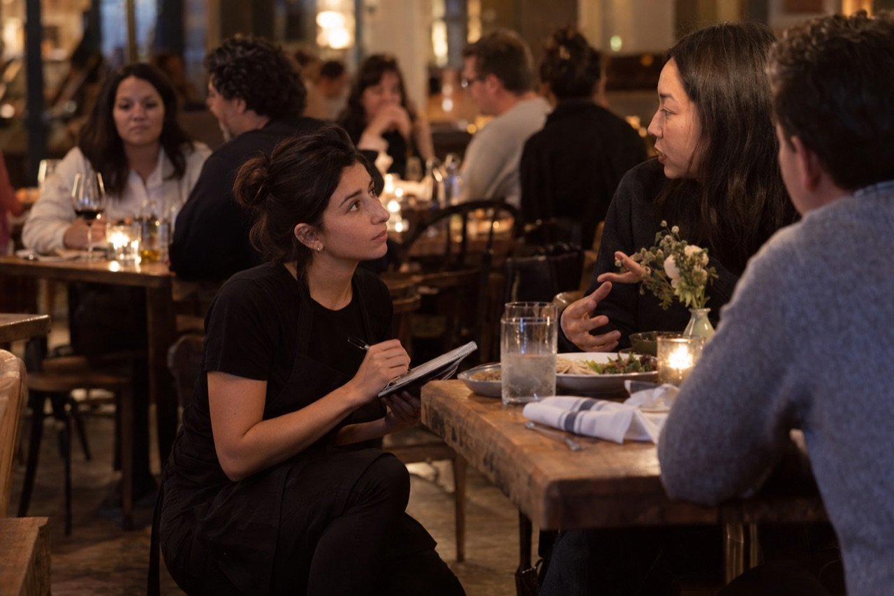 A server confirms an allergy with a guest at the table before sending the order