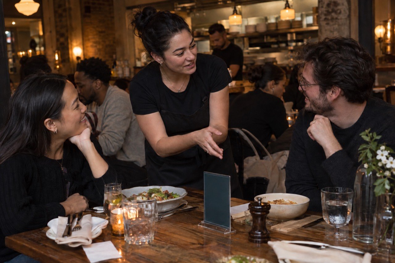 A server recommends a dish to guests at their table