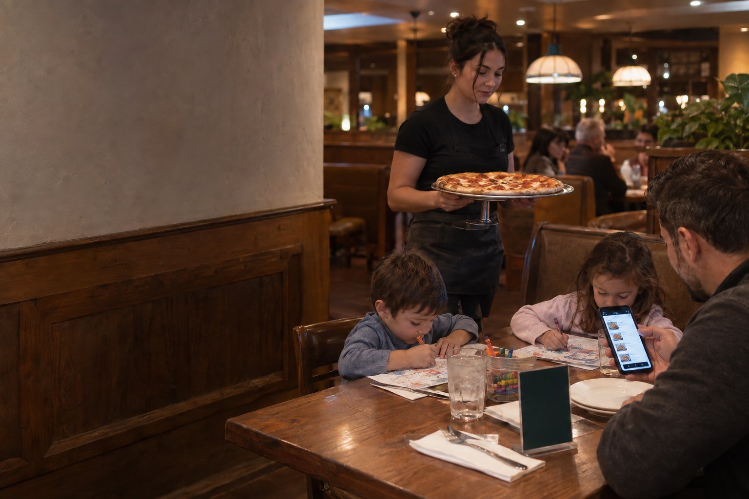 Parents at a Staten Island family restaurant order more fries by tapping the printed display while the kids color
